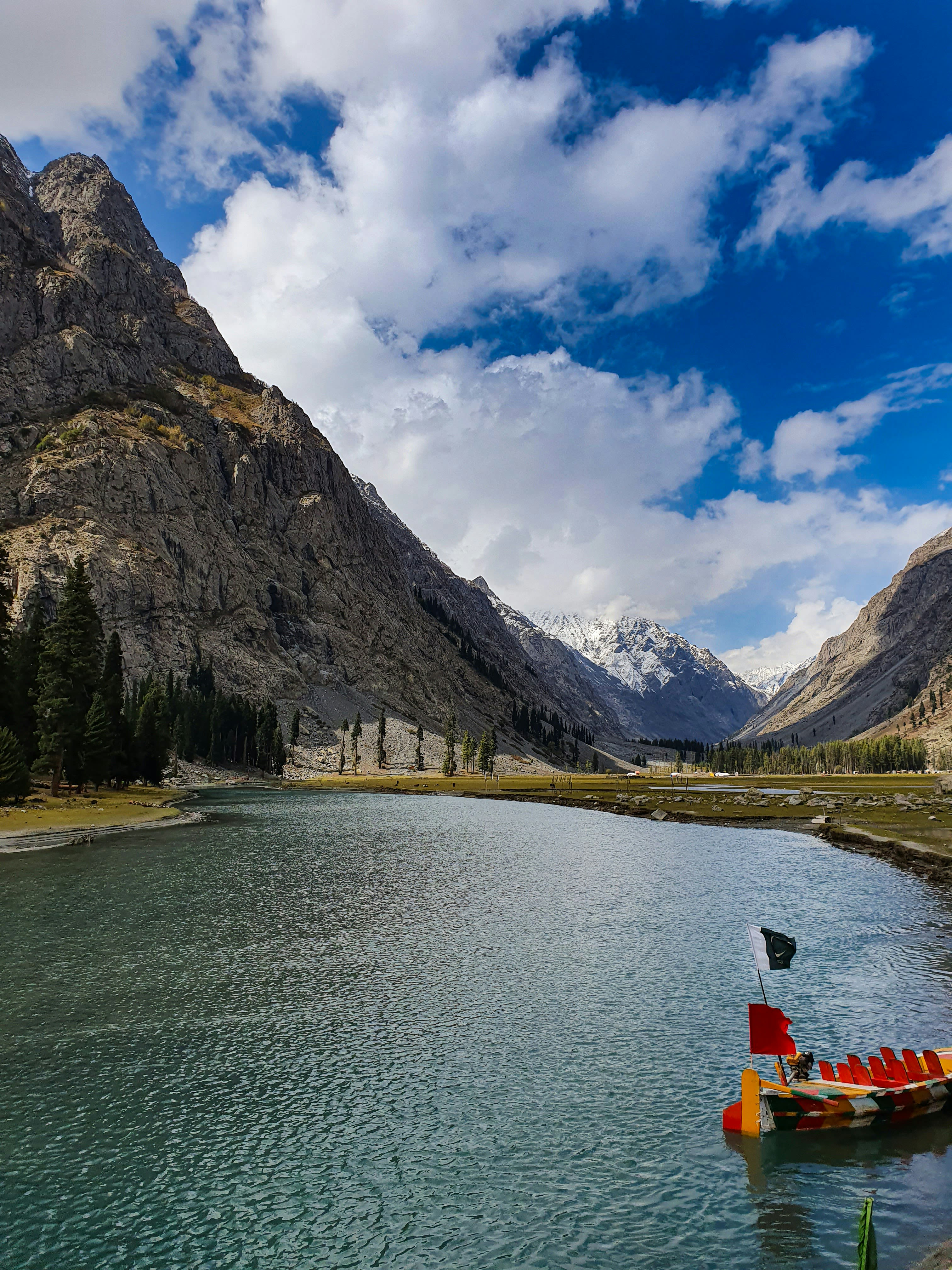 green trees near lake and mountain under blue sky during daytime
