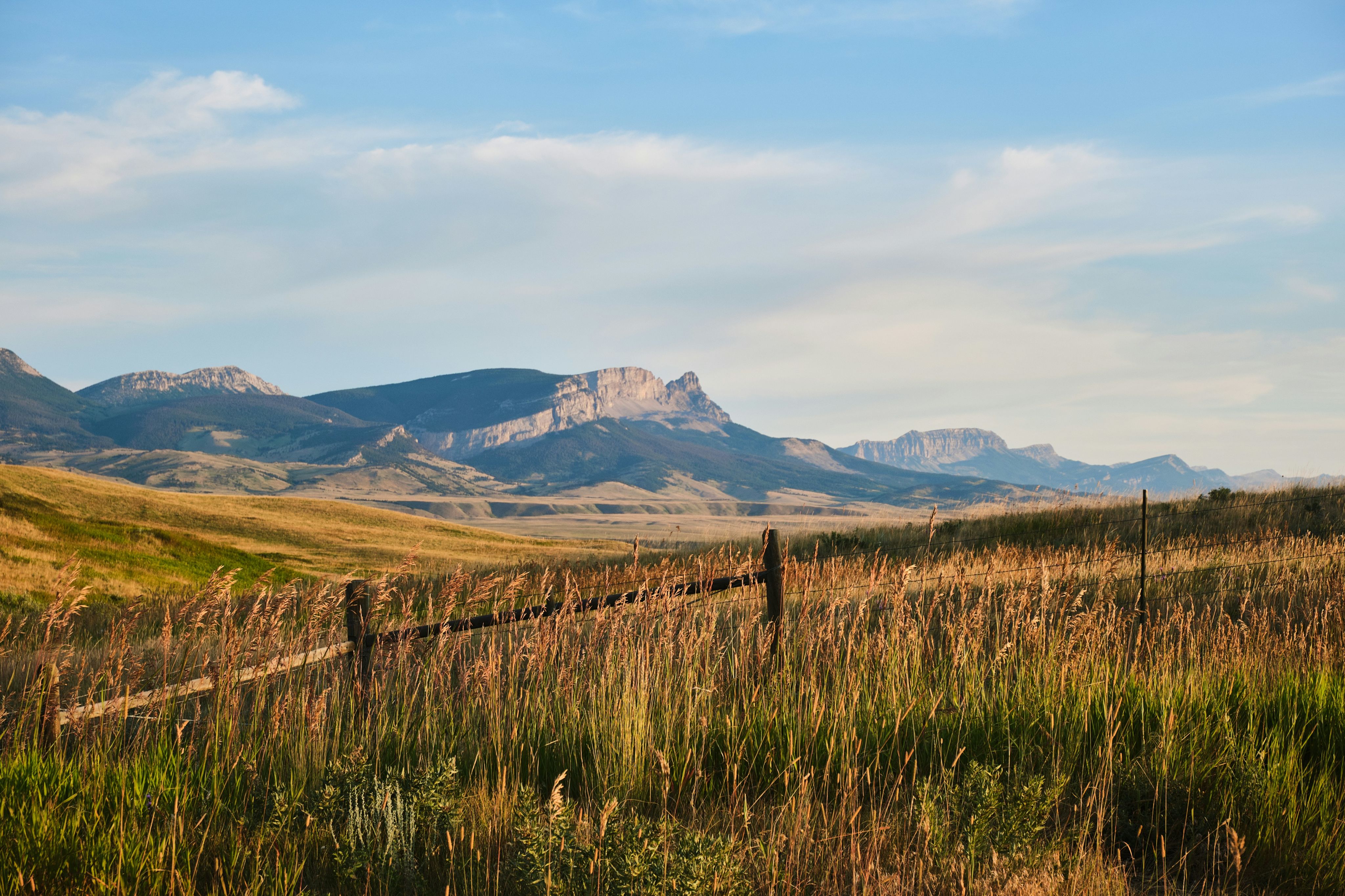 green grass field near brown mountain under blue sky during daytime